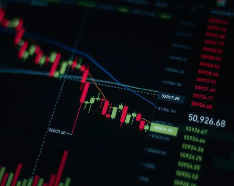 Stock market chart with red and green candlesticks and price lines on a dark trading screen