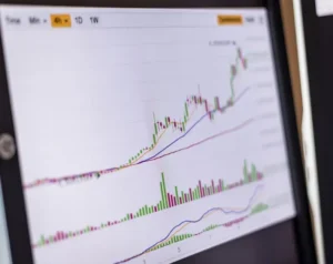 Stock market chart on a screen showing rising price with candlesticks and volume bars.